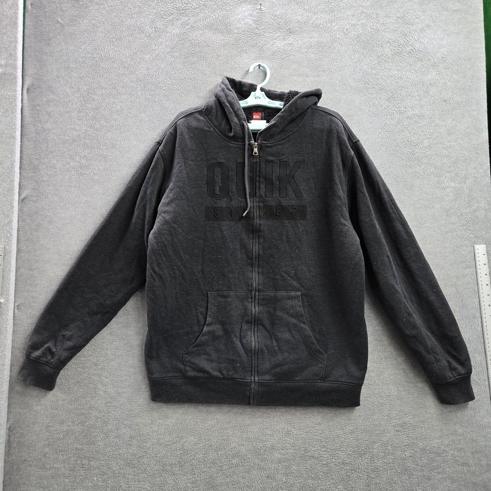 Quiksilver Men Hoodie XL Black Y2K Logo Zipper Long Sleeve Skate Sherpa Lined